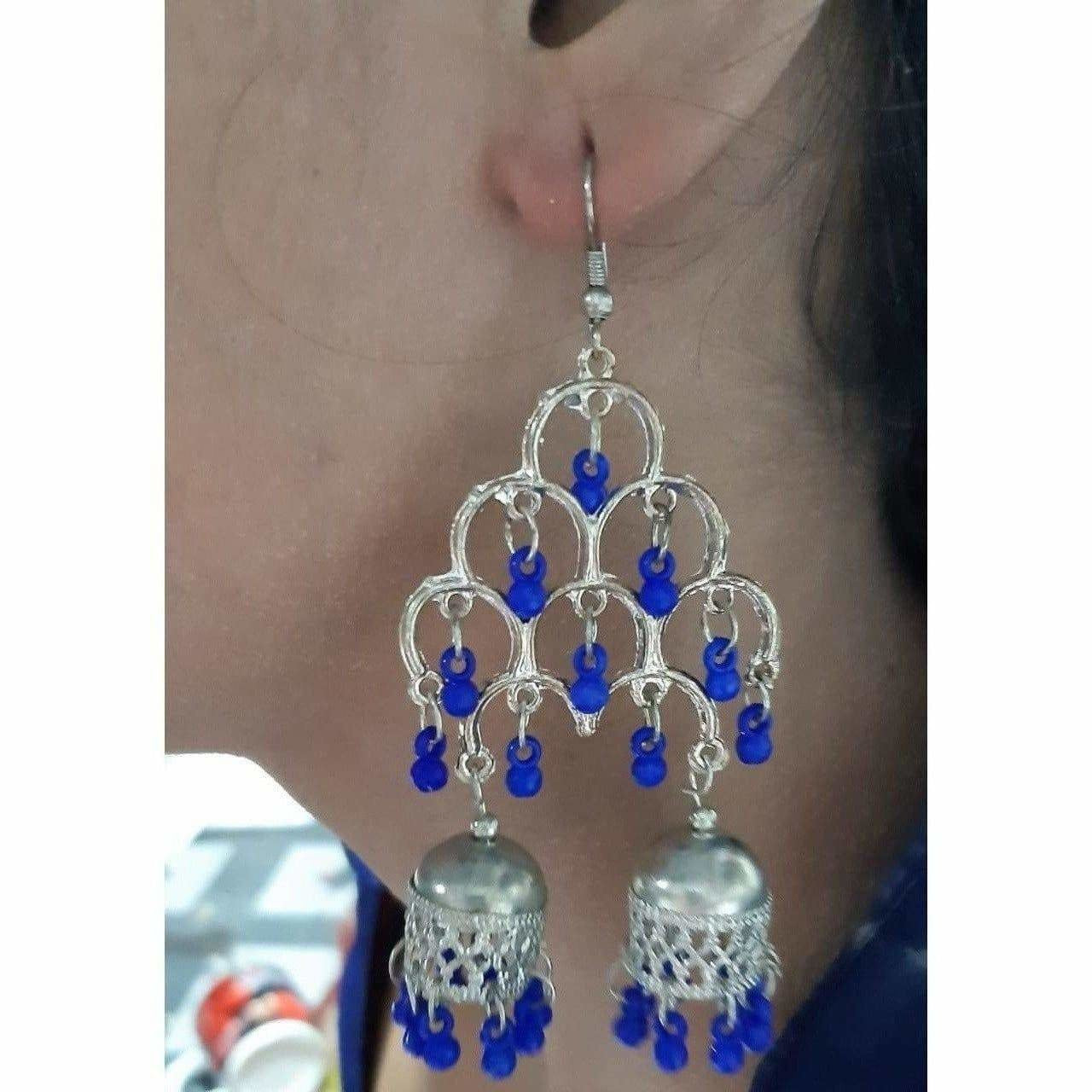 Silver Oxidized Fashion Traditional Double Jhumka Long Thick Blue Pearls Earrings