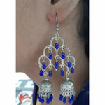 Thumbnail for Silver Oxidized Fashion Traditional Double Jhumka Long Thick Blue Pearls Earrings