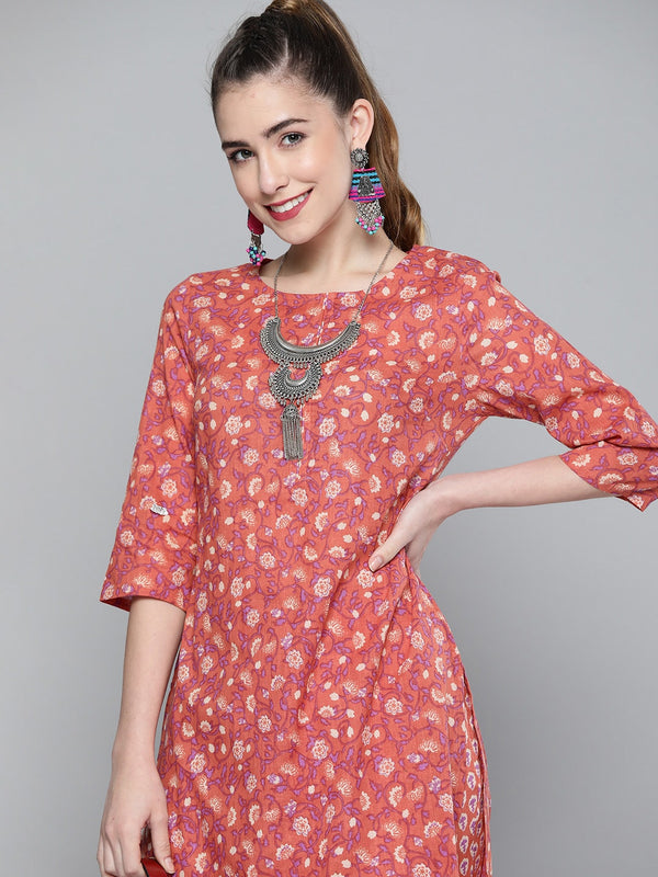 HERE&NOW Women Pink & White Floral Printed Kurta with Palazzos - Distacart
