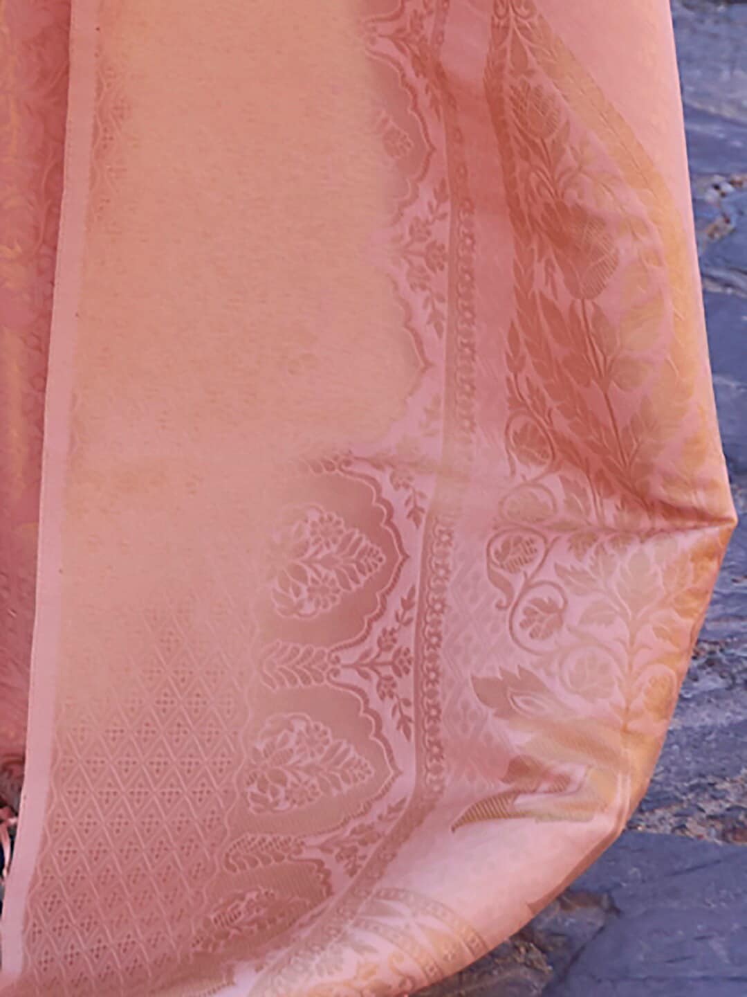 Mitera Peach-Coloured & Gold-Toned Ethnic Motifs Zari Silk Blend Banarasi Saree - Distacart