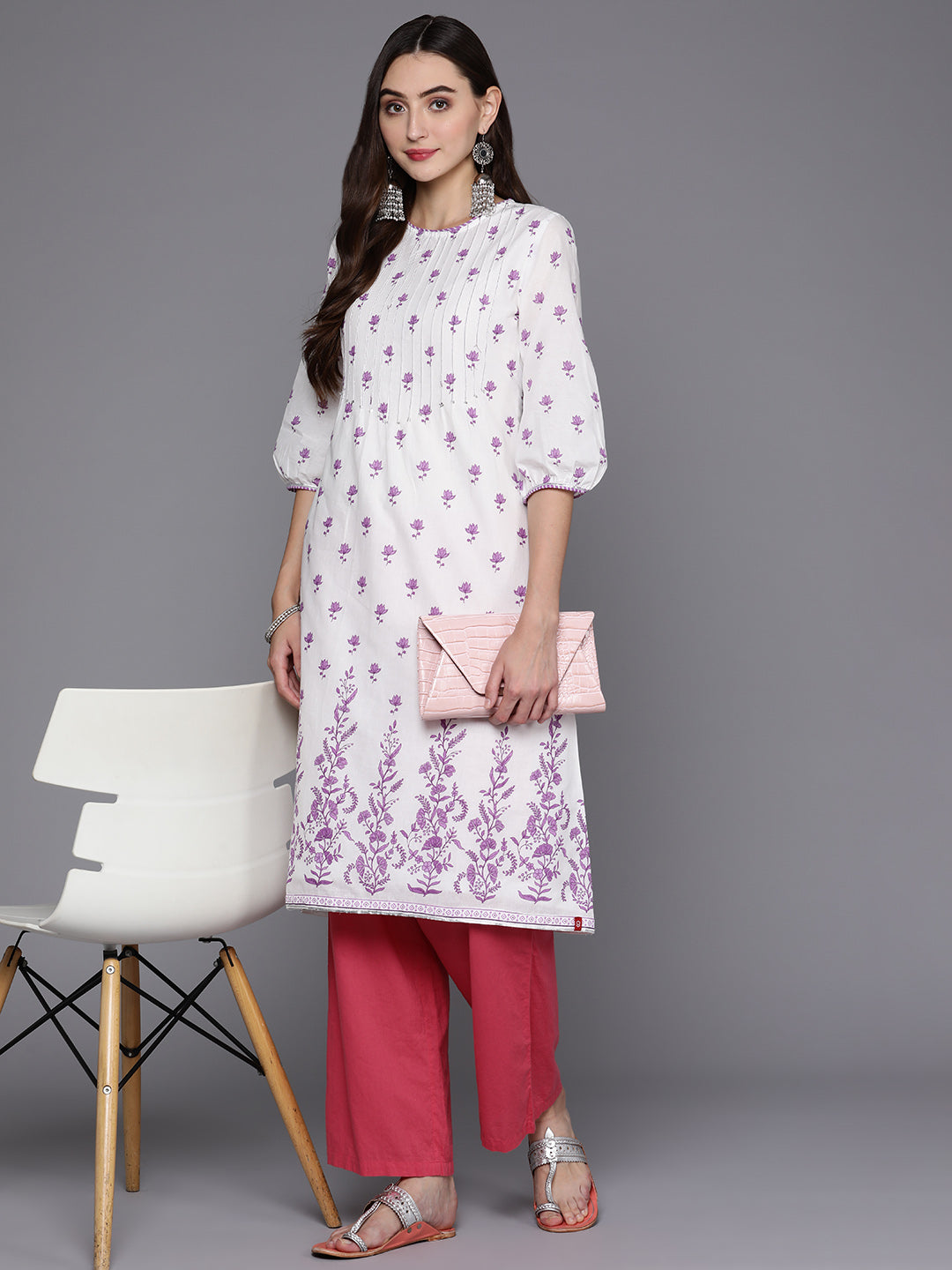 Biba Women White & Lavender Floral Printed Gotta Patti Floral Kurta - Distacart