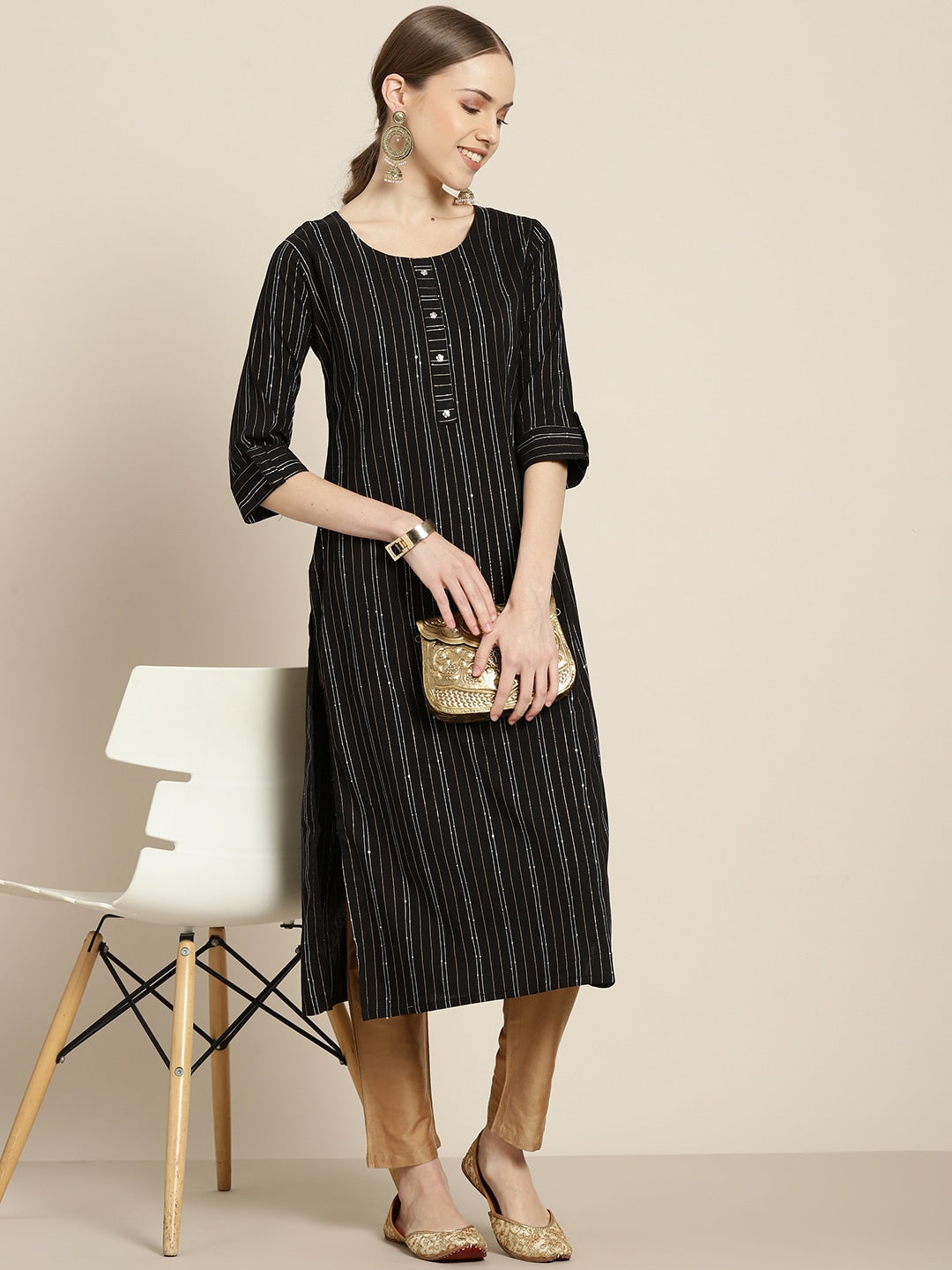 Sangria Women Black & White Striped Sequin Detail Kurta - Distacart