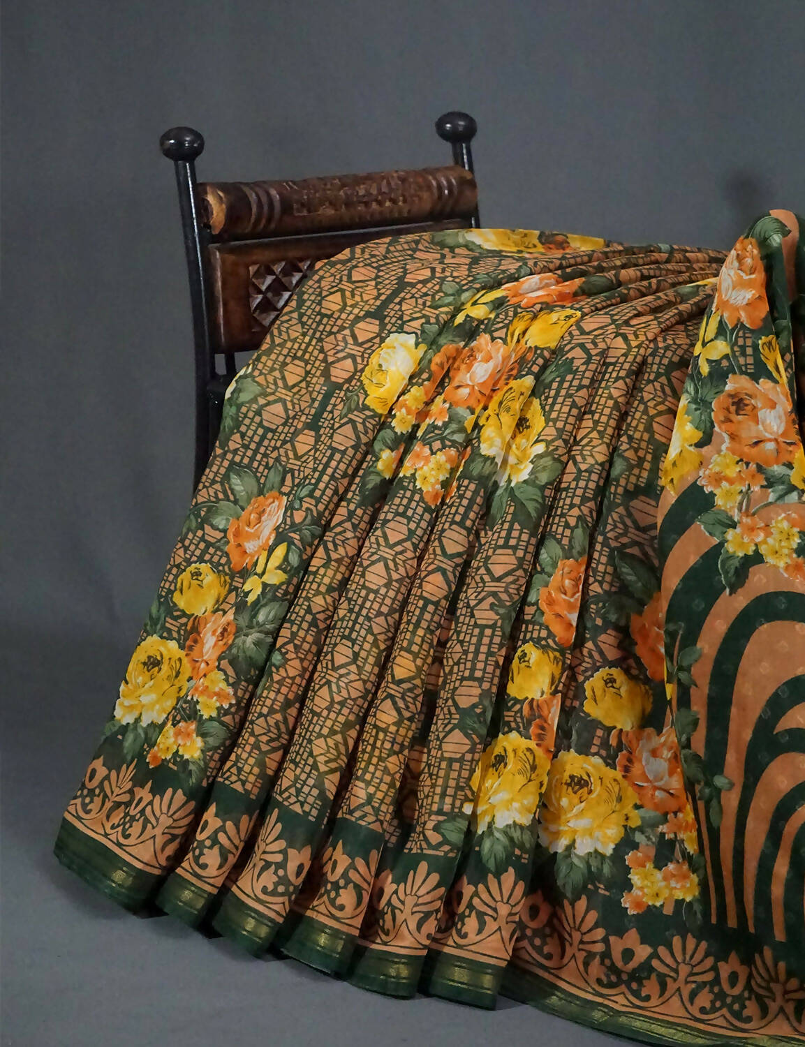 Shades Of Dark Leaf Green Floral Design Semi Chanderi Saree By Gayathri Reddy Designer Studio - Distacart