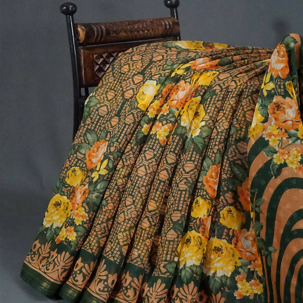 Shades Of Dark Leaf Green Floral Design Semi Chanderi Saree By Gayathri Reddy Designer Studio - Distacart