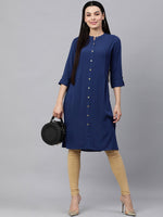 Thumbnail for HERE&NOW Band Collar Roll UP Sleeves Knee Length Kurta - Distacart