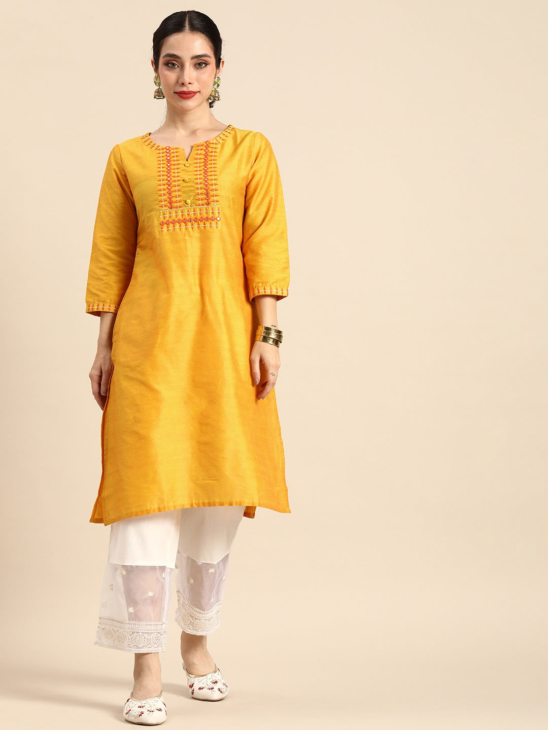 Sangria Women Geometric Embroidered Mirror Work Kurta - Distacart