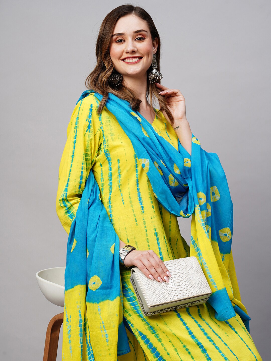 Kalini Bandhani Printed V-Neck Regular Kurta with Trousers & With Dupatta - Distacart