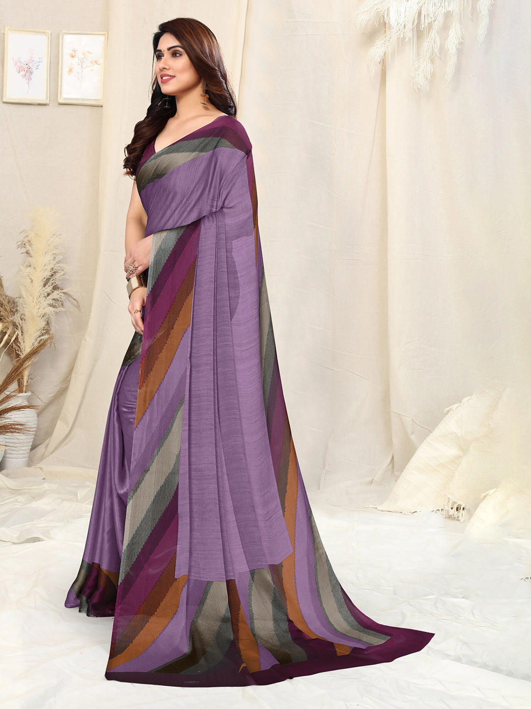 Kalini Striped Poly Chiffon Saree - Distacart