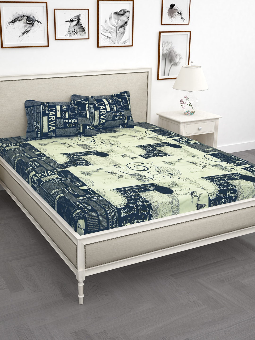 Story@home Blue & Off White Conversational King Bedsheet with 2 Pillow Covers - Distacart