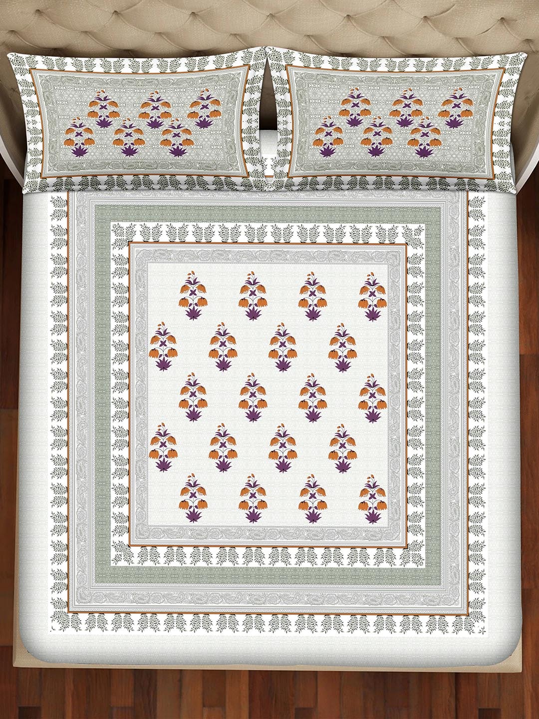 BELLA CASA Grey & Off White Ethnic Motifs 350 TC Cotton King Bedsheet with 2 Pillow Covers - Distacart