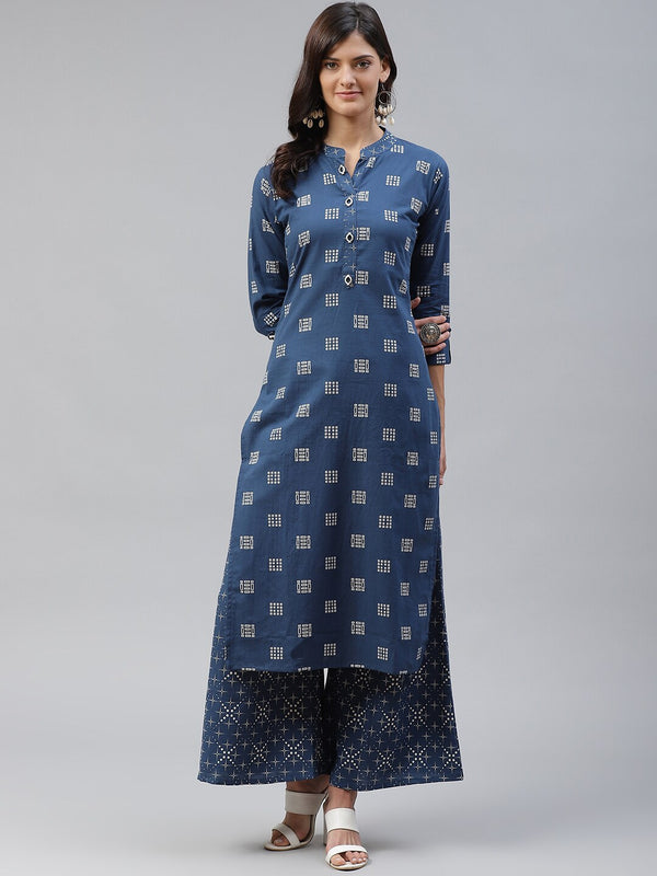 Kalini Printed Mandarin Collar Pure Cotton Kurta with Palazzos - Distacart