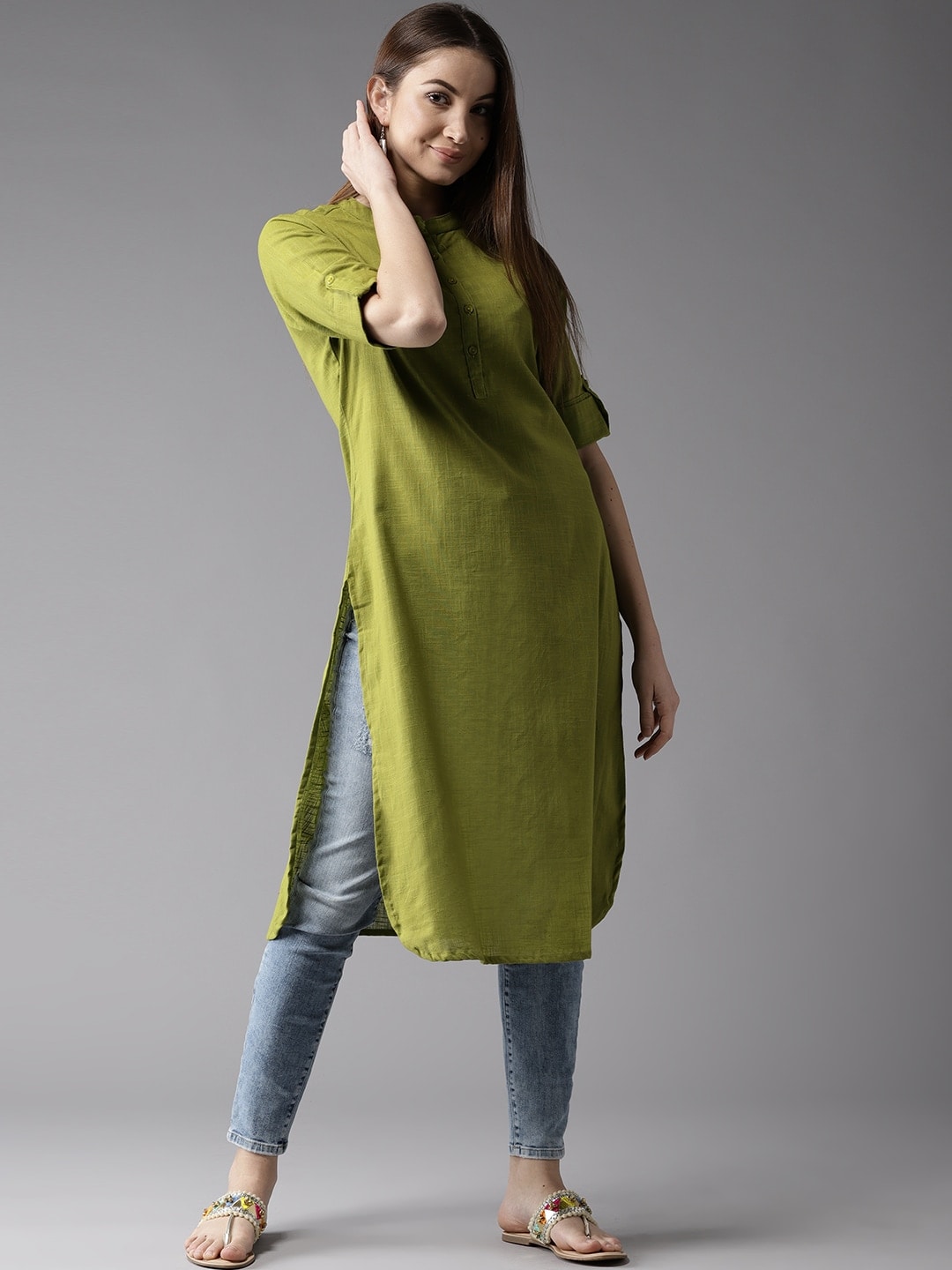 HERE&NOW Women Sap Green Solid Symmetric Kurta - Distacart