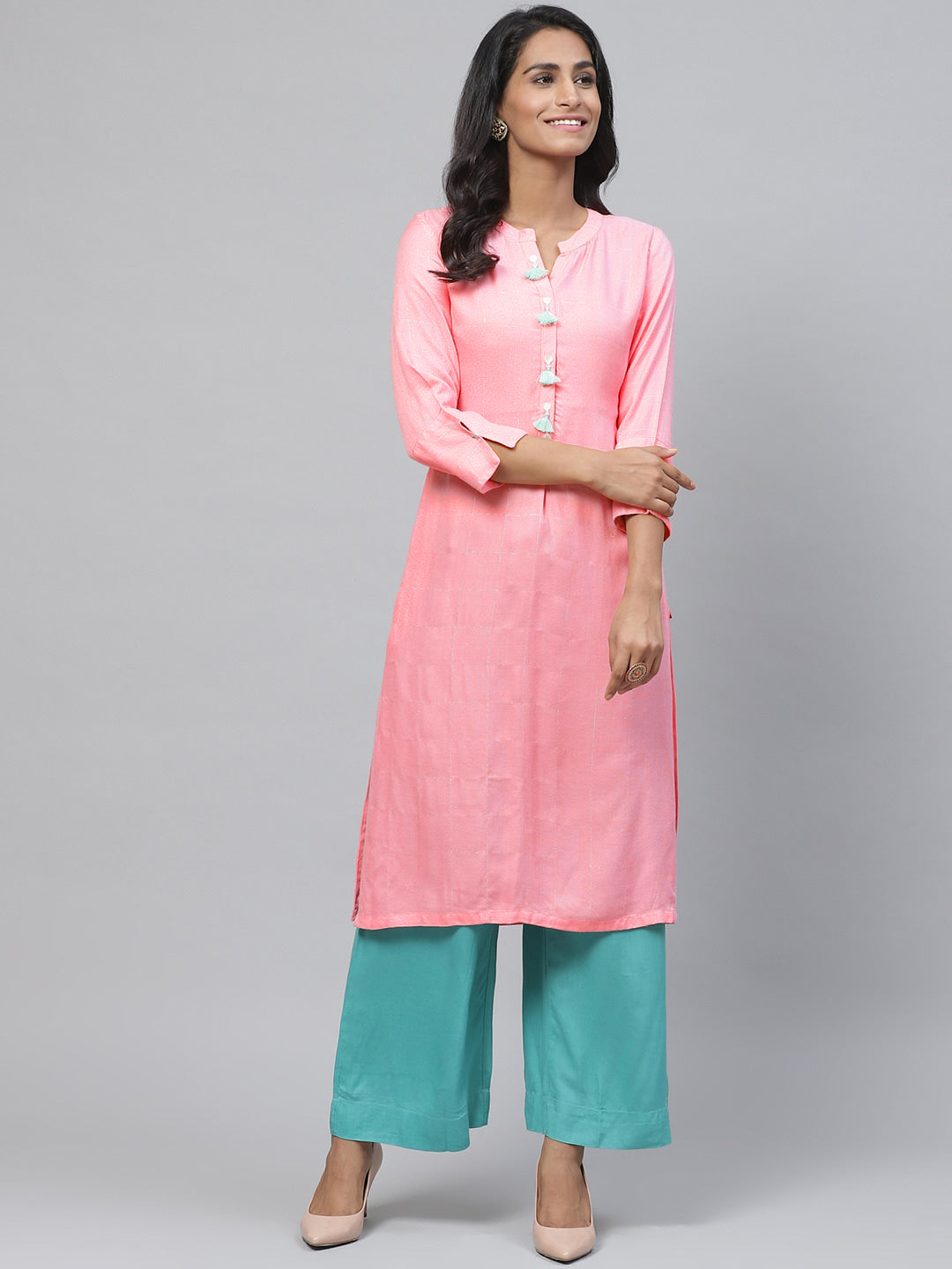 Biba Women Pink & Silver Checked Straight Kurta - Distacart