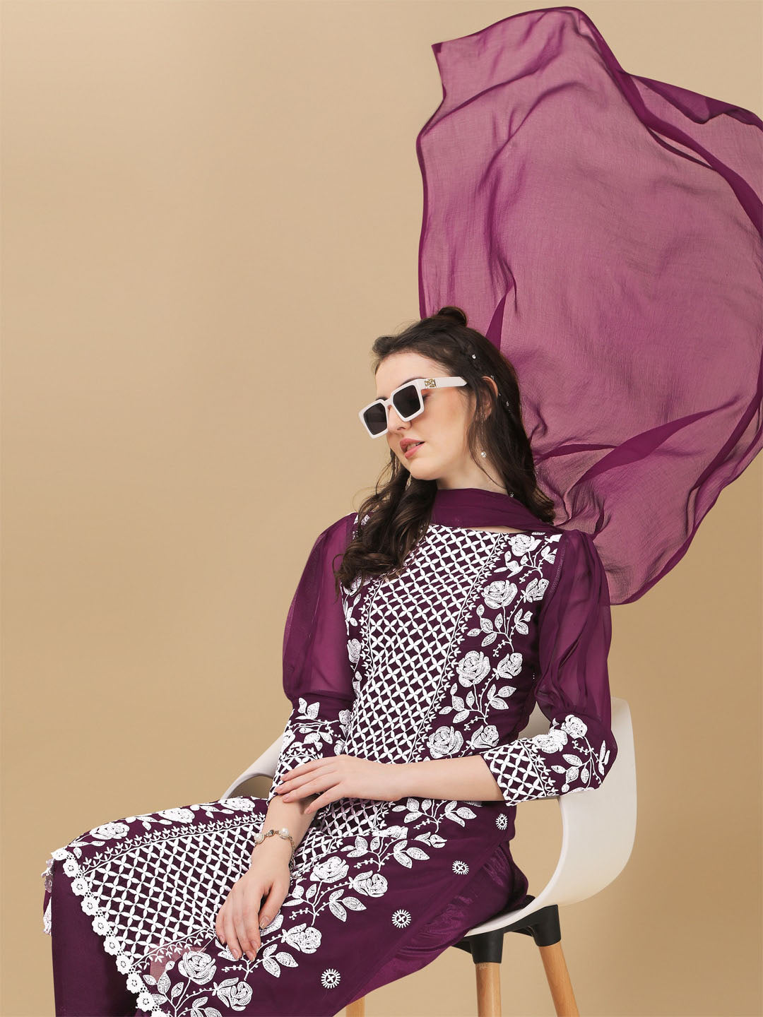HERE&NOW Floral Lucknowi Chikankari Embroidered Kurta with Trousers & Dupatta - Distacart