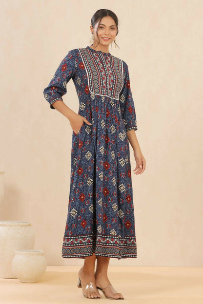 Juniper Womens Indigo Rayon Foil Printed Maxi Dress With Puff Sleeve - Distacart