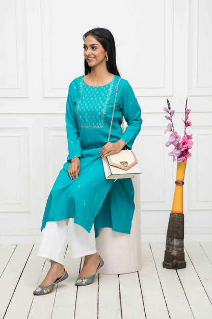 Myshka Women Blue Solid Rayon Straight Round Neck Kurtas - Distacart