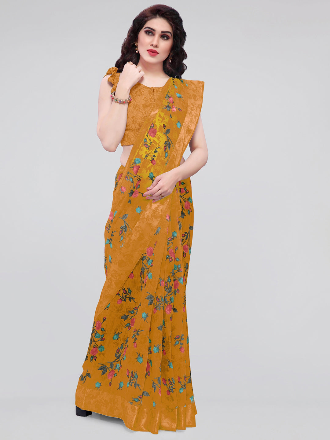 Kalini Mustard & Blue Floral Bagh Saree - Distacart
