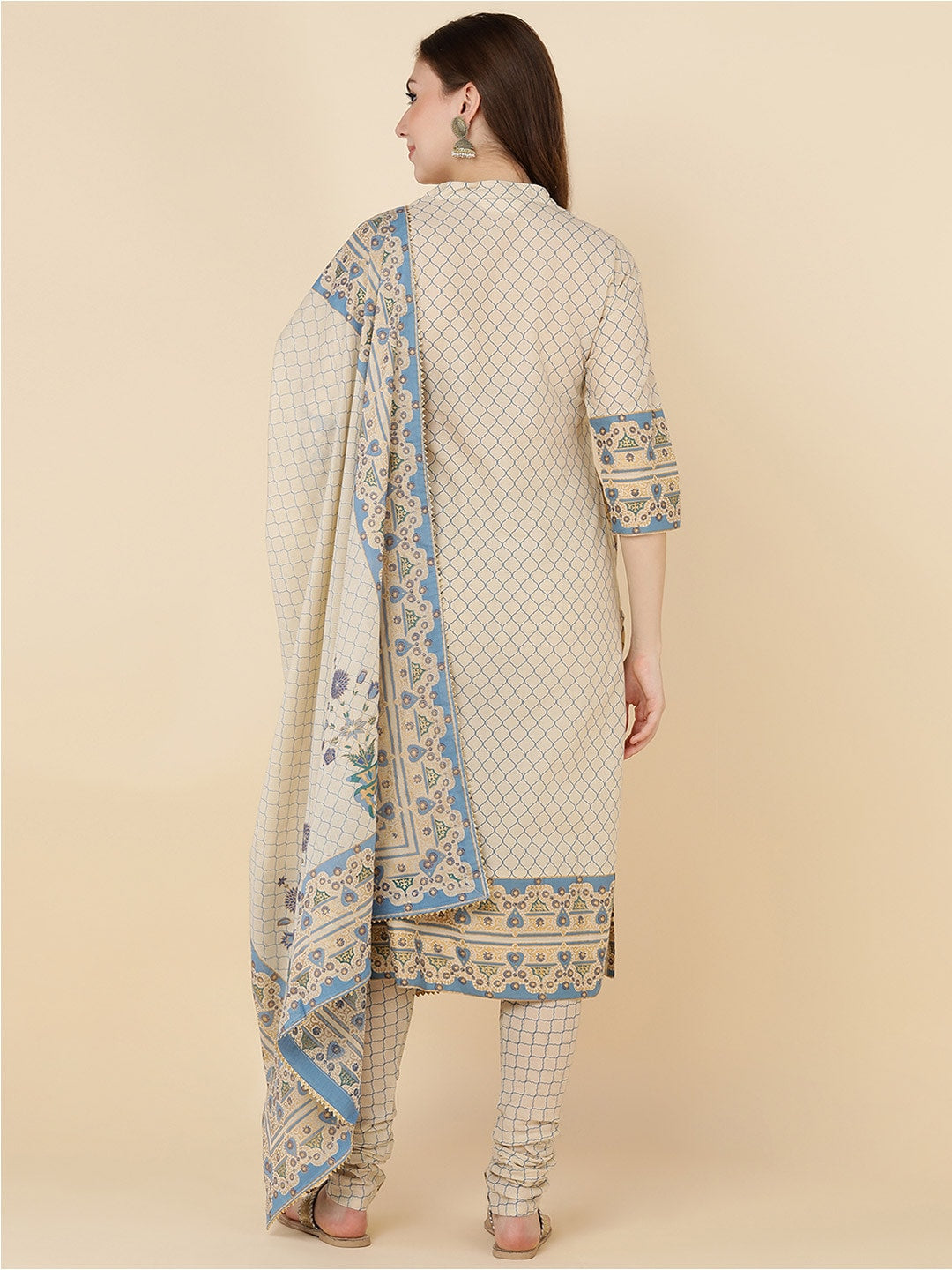 HERE&NOW Women Beige Printed Pure Cotton Kurta with Churidar & With Dupatta - Distacart