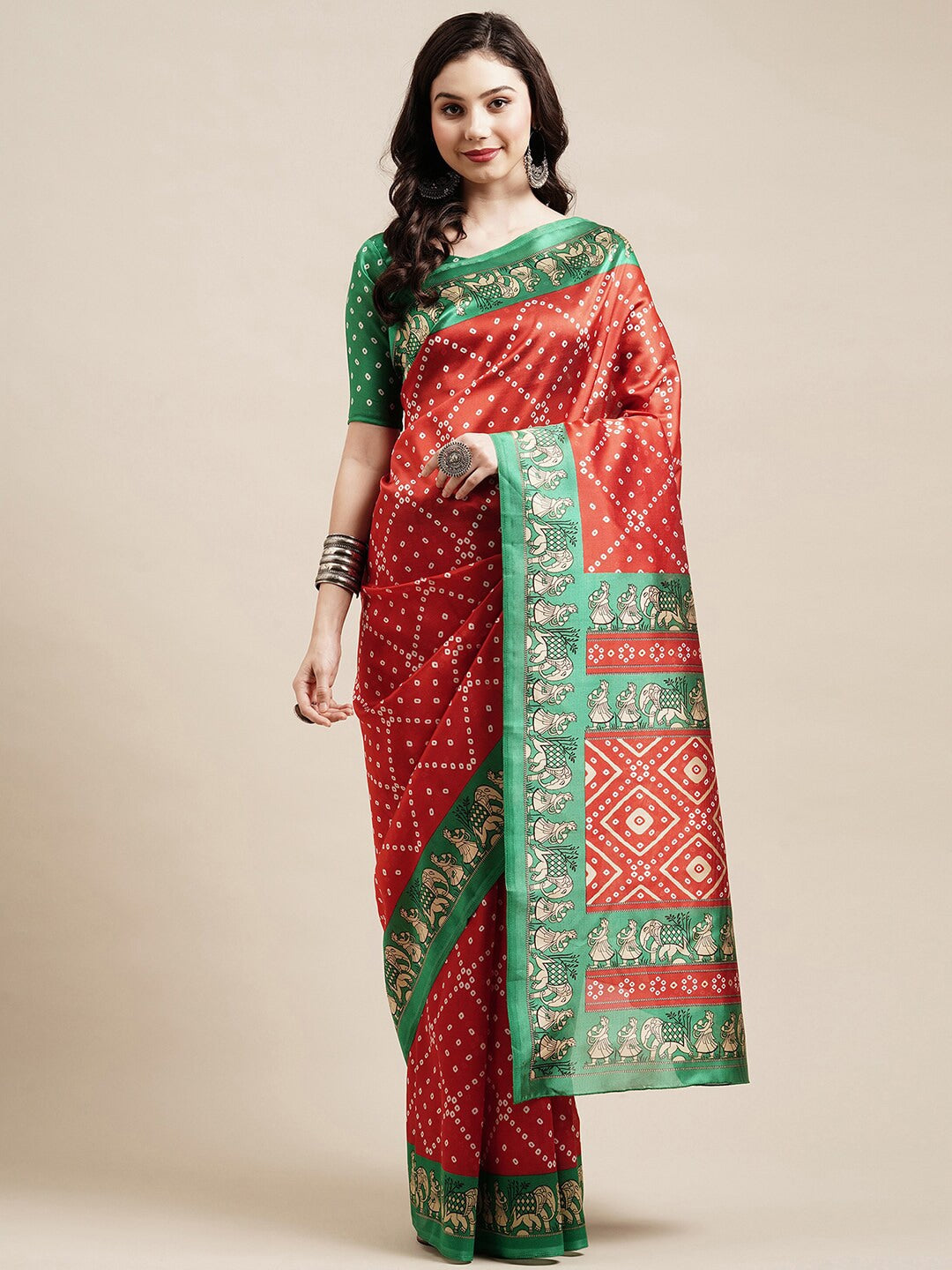 Saree Mall Red & Green Bandhani Printed Saree - Distacart
