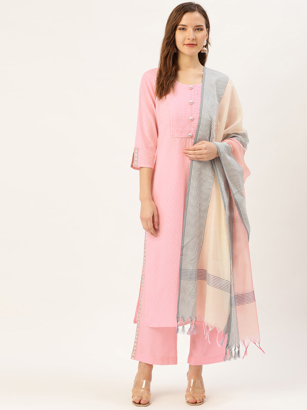 Jaipur Kurti Women Pink & Grey Dobby Weave Kurta with Palazzos & Dupatta - Distacart