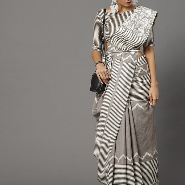 Mitera Grey & Off White Art Silk Bhagalpuri Saree - Distacart