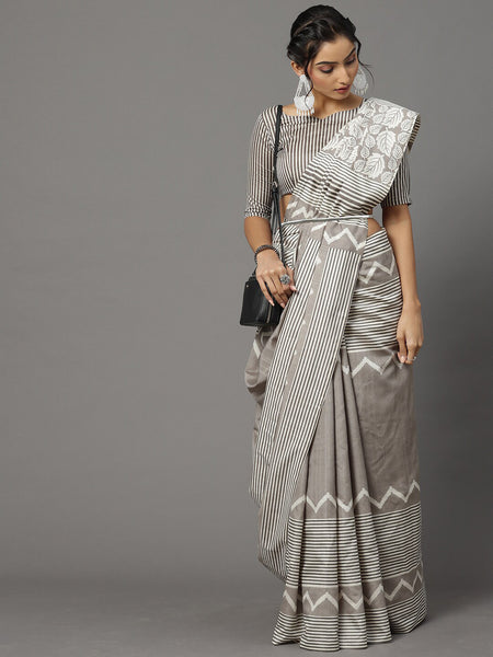 Mitera Grey & Off White Art Silk Bhagalpuri Saree - Distacart