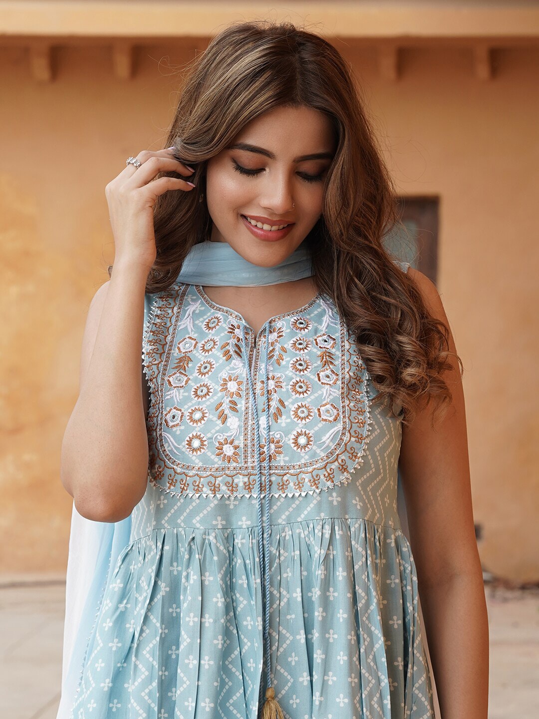 Kalini Ethnic Motifs Printed Thread Work A-Line Kurta With Sharara & Dupatta - Distacart