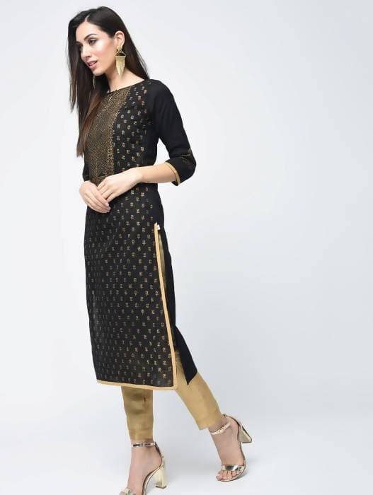 Aniyah Cotton Block Printed Black Color Straight Kurta (AN-123K)