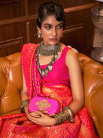 Thumbnail for Mitera Pink & Gold-Toned Floral Silk Blend Banarasi Saree - Distacart
