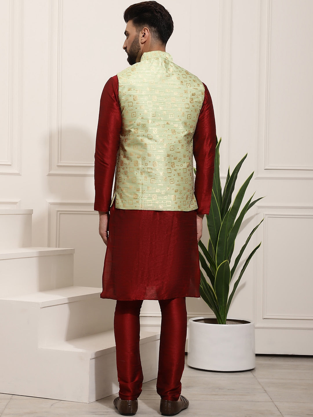 Sojanya Men Maroon Solid Kurta Set & Nehru Jacket - Distacart