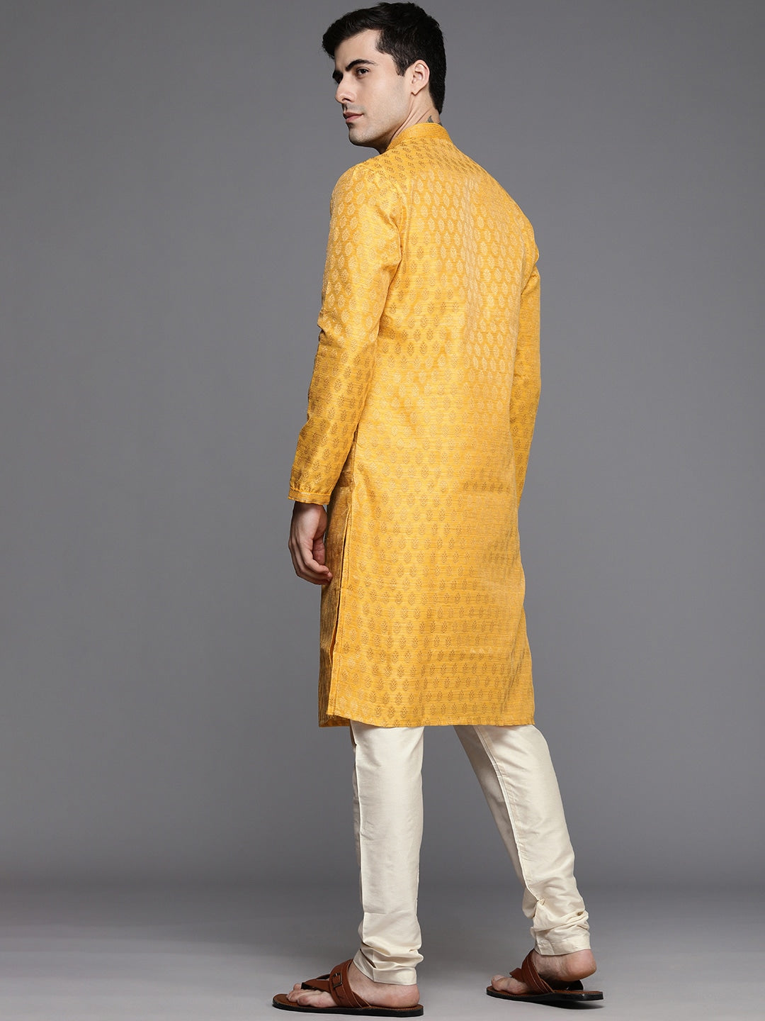 Manyavar Men Mustard Yellow Woven Design Kurta with Churidar - Distacart