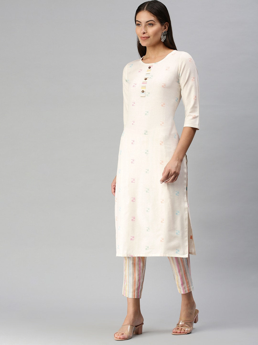 Kalini Women White Pure Cotton Geometric Woven Design Kurta with Trousers - Distacart