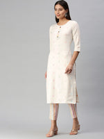Thumbnail for Kalini Women White Pure Cotton Geometric Woven Design Kurta with Trousers - Distacart