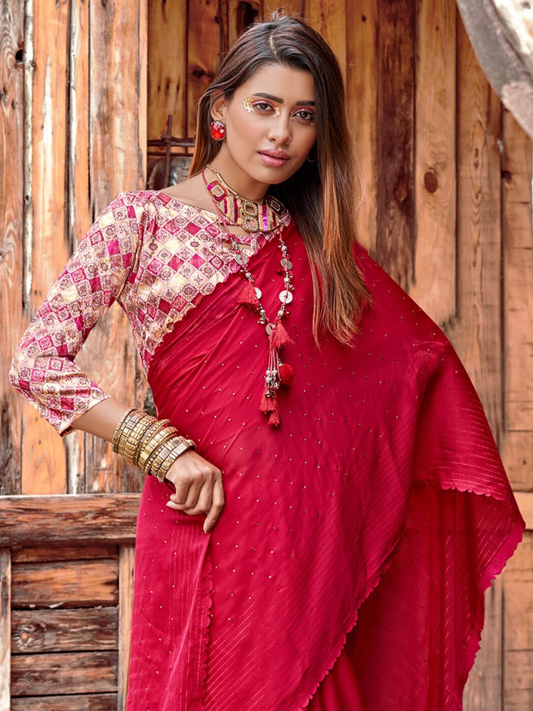 Saree Mall Pink Embellished Beads and Stones Pure Chiffon Sarees - Distacart