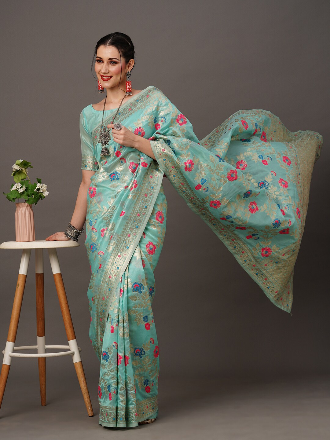 Mitera Floral Organza Banarasi Zari Saree With Blouse Piece - Distacart