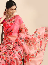 Thumbnail for Anouk Pink Floral Printed Organza Saree - Distacart