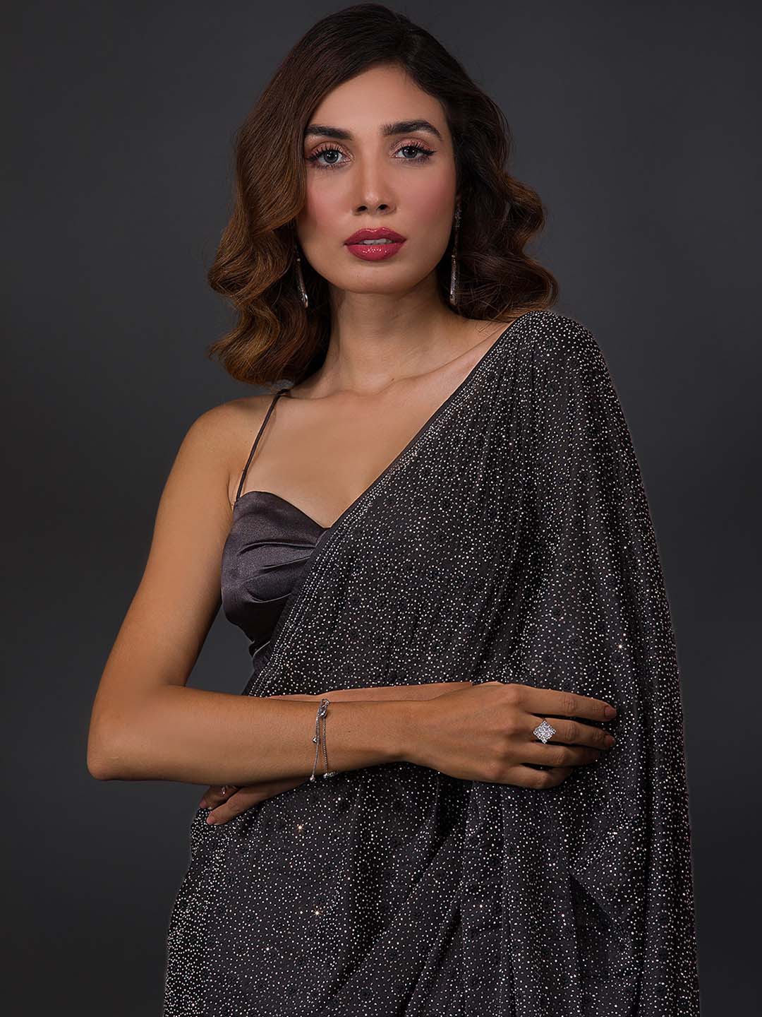 Koskii Embellished Stones Work Poly Crepe Saree With Blouse Piece - Distacart