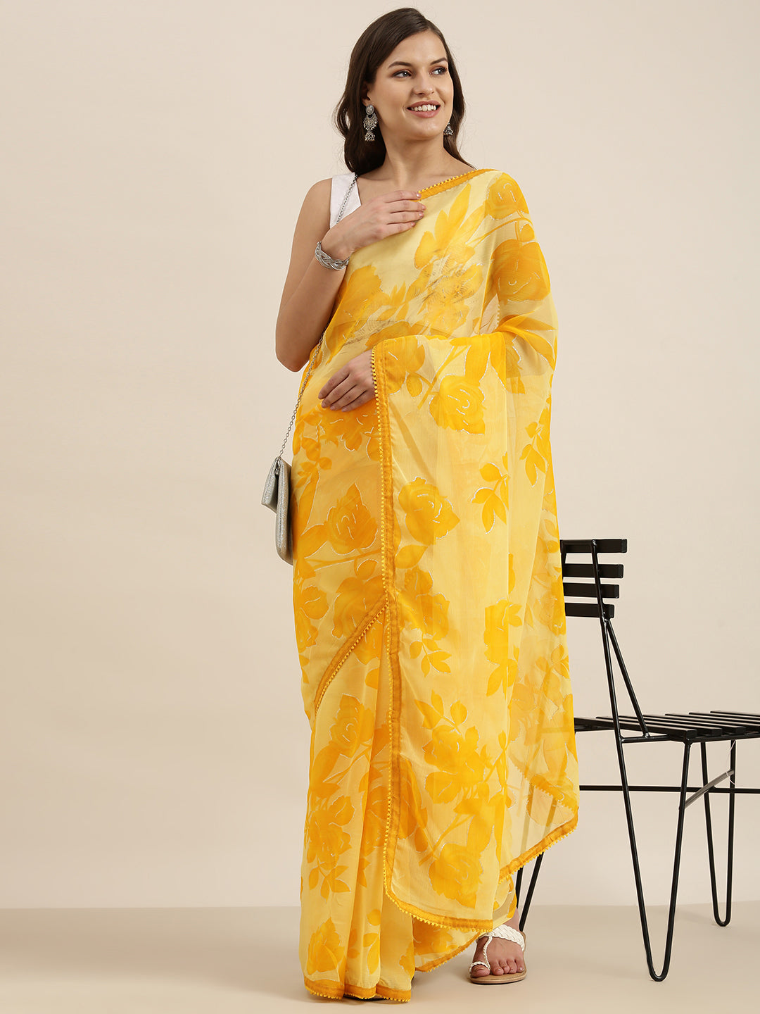 Sangria Yellow Floral Pure Chiffon Saree - Distacart