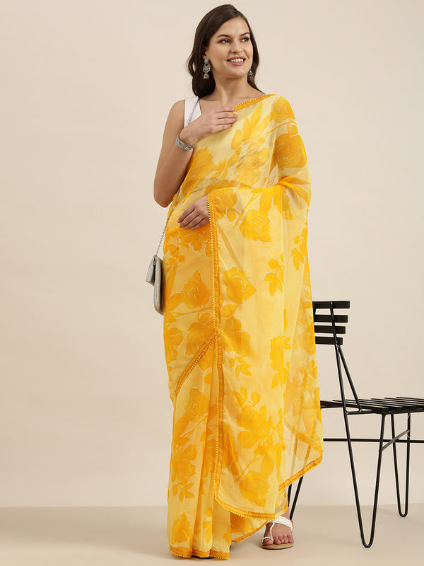Sangria Yellow Floral Pure Chiffon Saree - Distacart