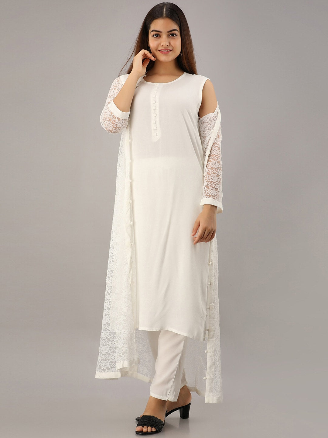 Kalini Women White Kurta with Trousers & With Dupatta - Distacart