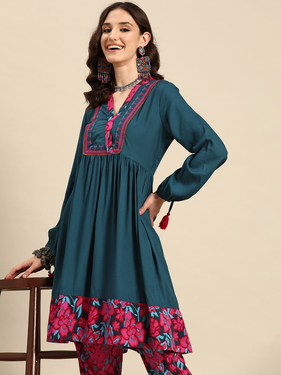 Sangria Women Floral Printed Gathered A-Line Kurta with Trousers - Distacart