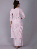 Thumbnail for HERE&NOW Pink Ethnic Motifs Embroidered Sequinned Pure Cotton Kurta with Palazzos - Distacart