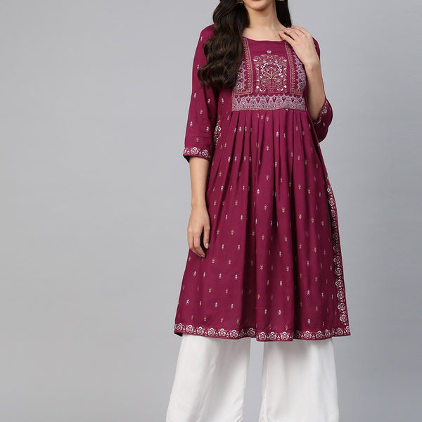 Kalini Ethnic Motifs Printed High Slit Mirror Work Kurta - Distacart