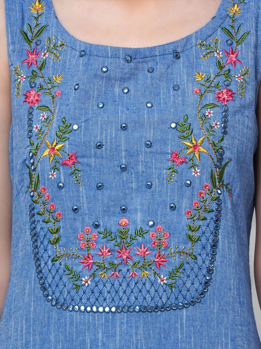 Kalini Women Blue Floral Yoke Design Thread Work Pure Cotton Kurta with Trousers - Distacart