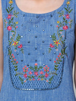 Thumbnail for Kalini Women Blue Floral Yoke Design Thread Work Pure Cotton Kurta with Trousers - Distacart