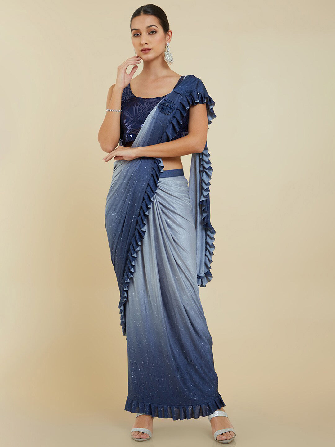 Soch Blue Sequinned Poly Crepe Ready to Wear Saree - Distacart