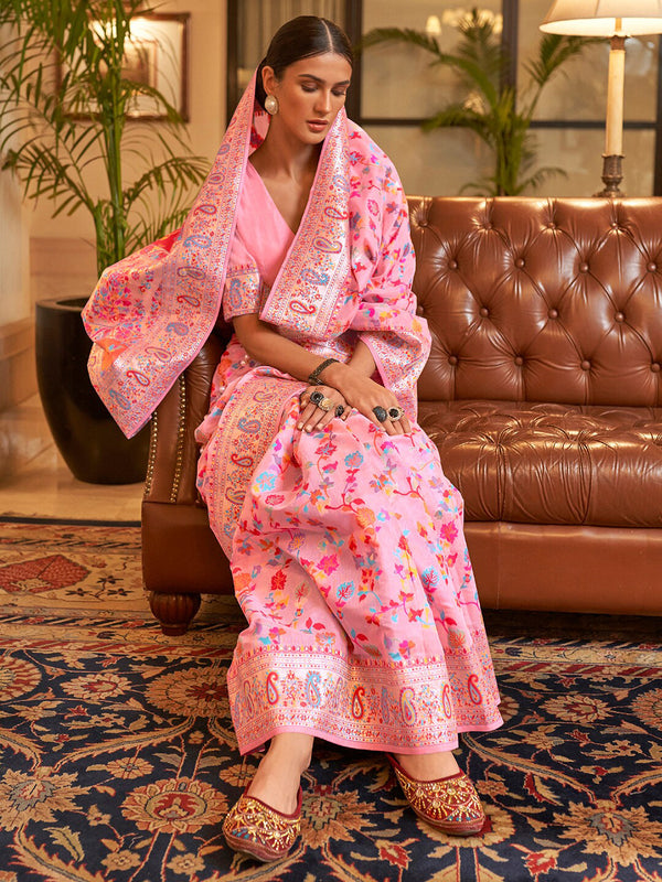 Mitera Women Pink & Blue Woven Design Zari Silk Blend Paithani Saree - Distacart