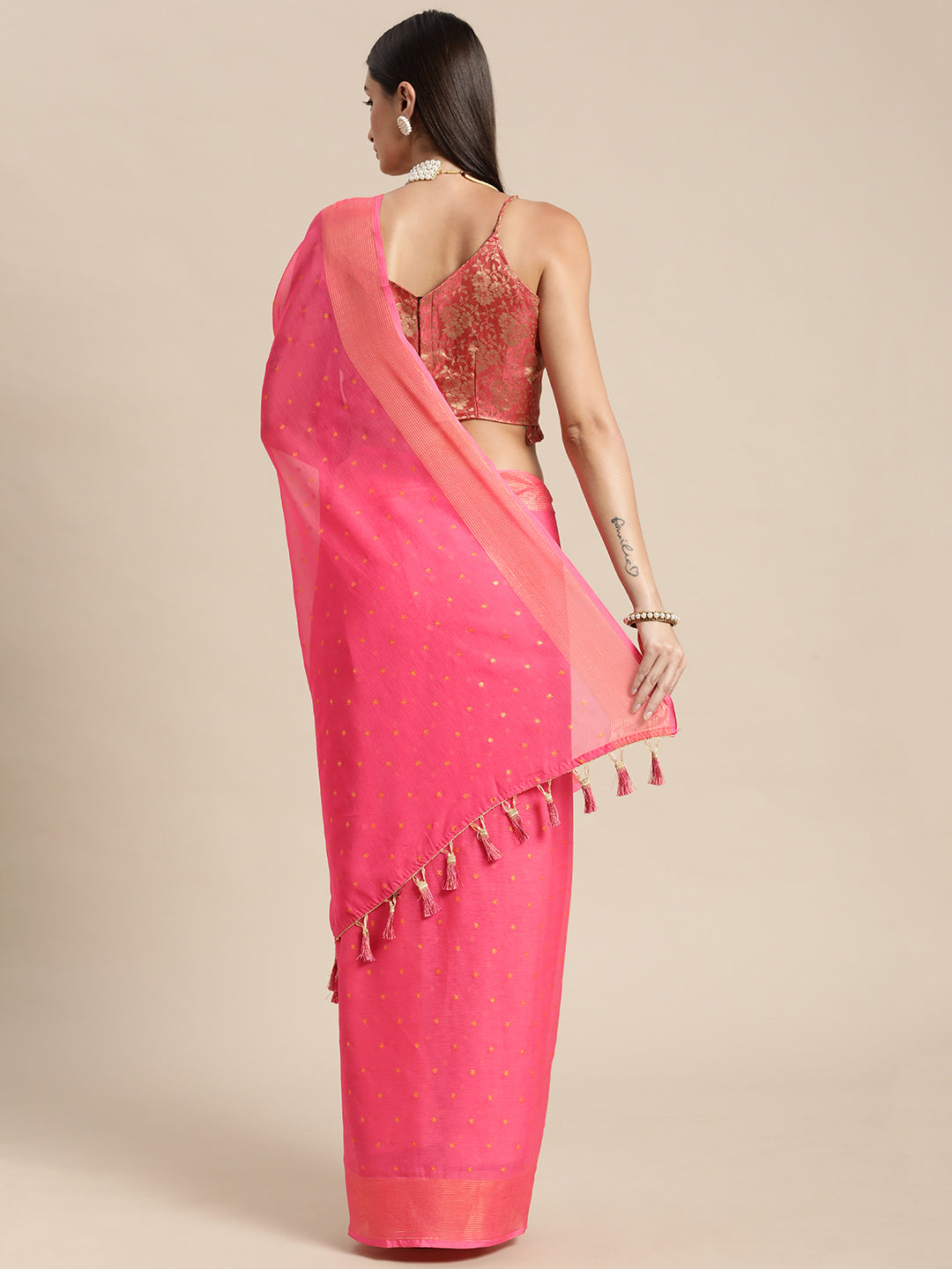 Mitera Pink & Gold-Toned Floral Zari Pure Chiffon Saree - Distacart