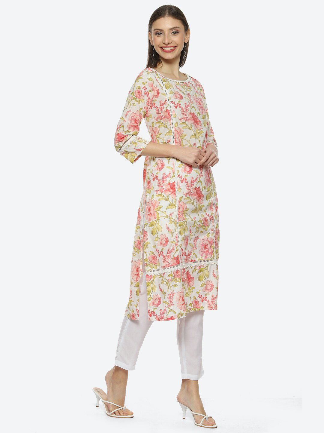 Biba Floral Printed Cotton Boat Neck Straight Kurta - Distacart