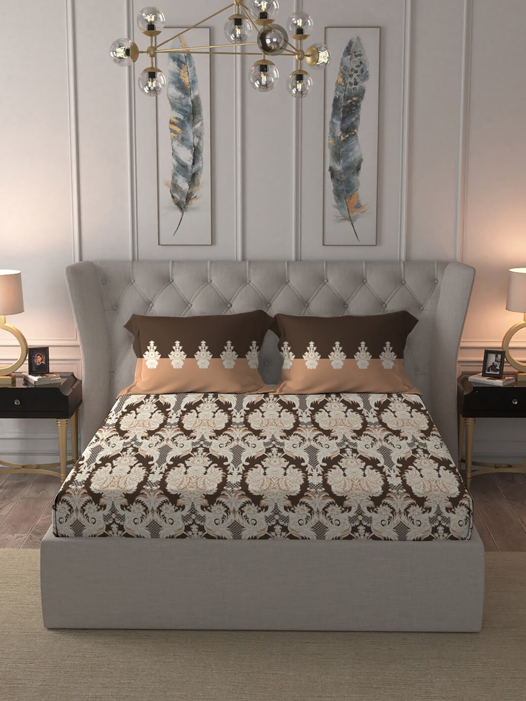 MYTRIDENT Brown White Ethnic Motifs Cotton 144 TC Queen Bedsheet With 2 Pillow Covers - Distacart